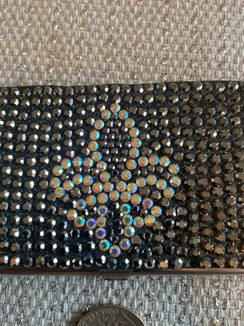 Crystal-Accented Black Card Case - Sparkling Fleur De Lis Design